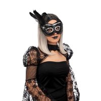 Masque en tissu dentelle et plume adulte noir - Halloween - Femme