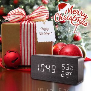 R/éveil num/érique en bois /à LED USB Horloges num/ériques 3 niveaux de luminosit/é r/églable Commande vocale Afficher la date heure Semaine Humidit/é Temp/érature pour la Chambres Bureau Enfants Marron