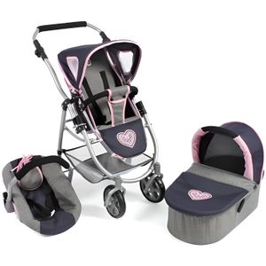 NURSERIE Combi 3 en 1 - Gris bleu Coeur rose - Poussette, l