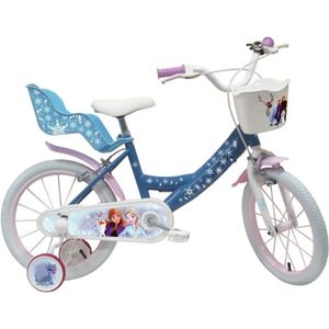 VÉLO ENFANT Vélo enfant fille 16'' Reine des Neiges / Frozen équipé de 2 freins + Porte Poupée - Panier avant - Stabilisateurs.