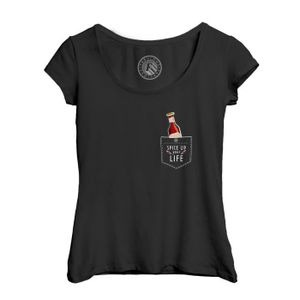 T-SHIRT T-shirt Femme Col Echancré Noir Sauce Piquante Poche Surprise Piment Dessin