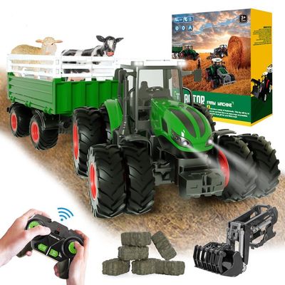 Tracteur Télécommandé Enfant Avec Remorque électrique - 2,4 GHz, Phares LED, Accessoires Ferme - Cadeau 3 à 7 Ans - 8