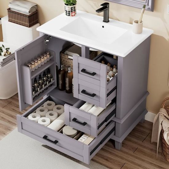 Meuble De Salle De Bain Avec Vasque Intégrée 76x46x87 Cm - Blanc, 1 Porte, 4 Tiroirs, Résistant à L'humidité - 12
