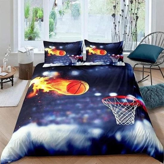 Housse De Couette - Microfibre - 220x240 Cm - Motif Basketball - 2 Taies 65x65 Cm - Fermeture