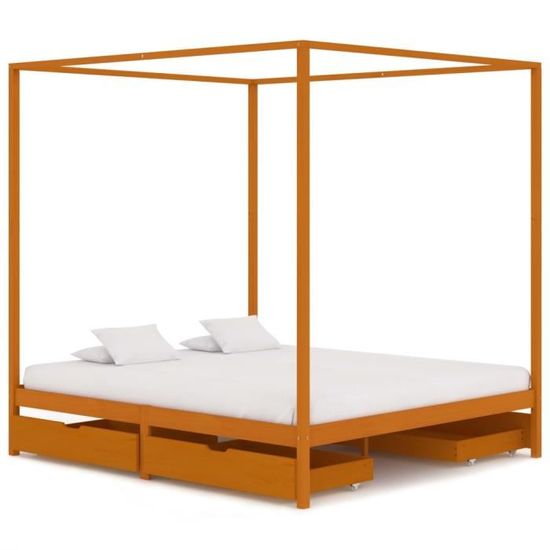 BINGO- Cadre de Lit à baldaquin ,Lit Adulte sur Pied ,Structure de lit Moderne avec 4 tiroirs Bois de pin 160x200 cm#9791
