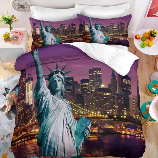 Housse De Couette 140x200 La Ville De New York, Parure De Lit New York 1 Personne En Microfibre Douce Et Respirante Ensemble De Literie Avec 2 Taie