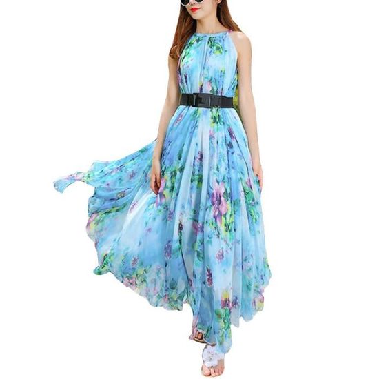 Femme Sans manches Robe ?� Bretelle Pliss?� Longue Maxi Robe d'?�t?� D?�contract?� Mousseline Fleurie 
