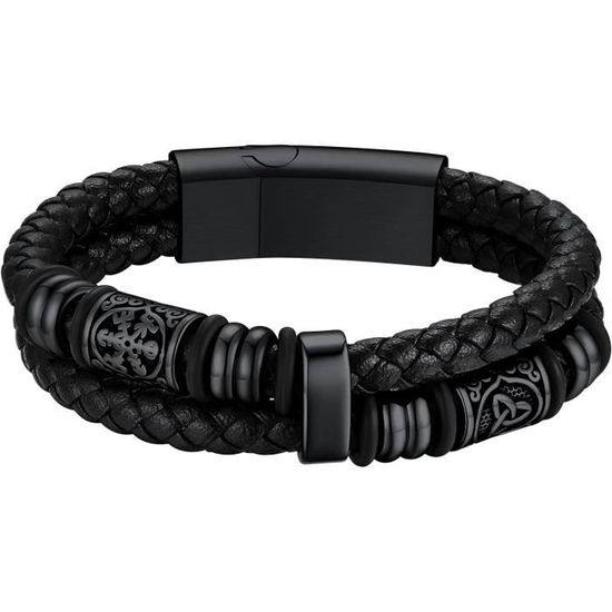 Bracelet Viking Homme Cuir Tressé 19/21/23cm - Manchette Double Couche Avec Perles Acier Et Fermoir Magnétique