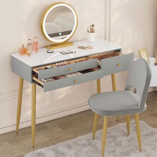 Coiffeuse Avec Miroir LED (3 Couleurs, Intensité Variable) - 5 Tiroirs, Chaise Incluse - Plateau En Marbre UV, Design Anti-chute - Dimensions : 100 Cm, Couleur Gris