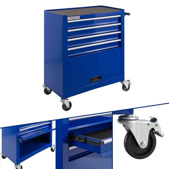 Arebos Chariot d'Atelier Chariot à Outils 4 Tiroirs + Grand Compartiment Bleu