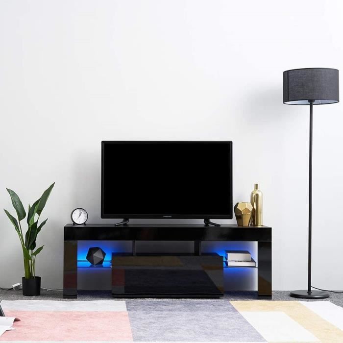 NOIR Meuble TV contemporain avec éclairage LED laqué blanc - L 130 cm Mobilier de salon