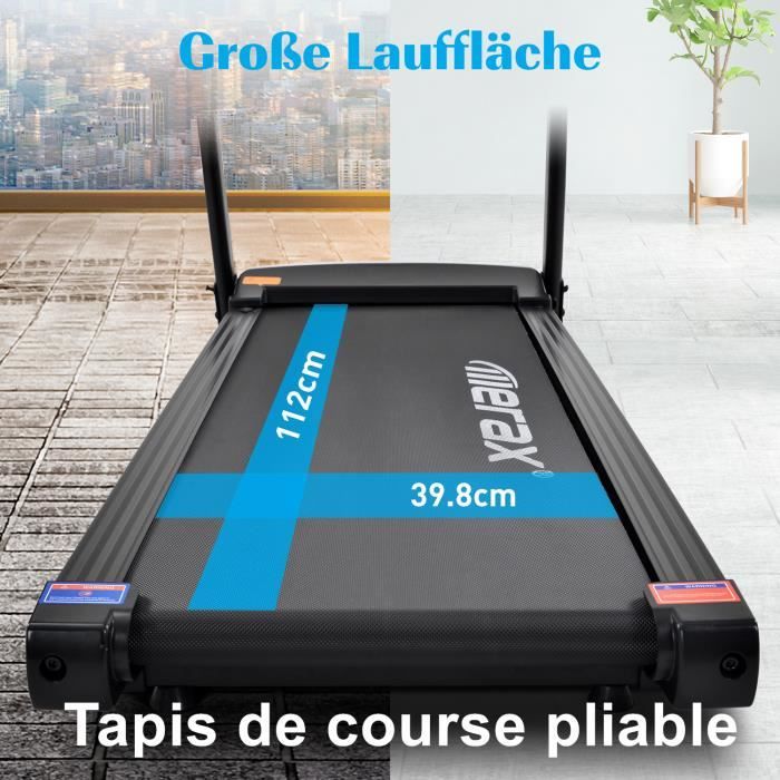 Tapis de course pliable avec affichage LED - 1-12 km-h - 12 programmes avec tablette et porte-bouteille (noir)