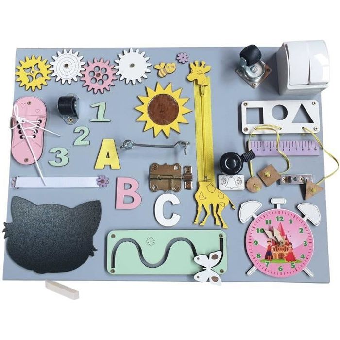 MIA Tableau d'activité sensoriel Montessori busy board en bois Gris Animaux 50 cm