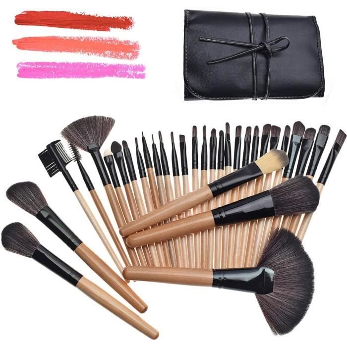 Ensemble de pinceaux de maquillage 32 pièces et étui en similicuir, avec pinceaux pour fard à paupières / estompeurs / eyeliner