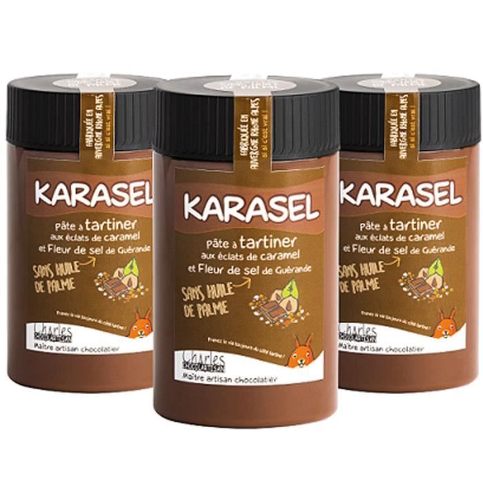 Lot de 3 pots pâtes à tartiner chocolat lait noisettes et caramel au beurre salé Karasel - 3x280 g