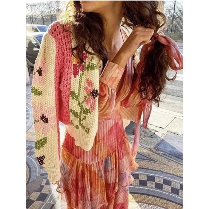 PULL,Cardigan d'inspiration Boho floral pour femme, crocheté, manches longues, mignon cardigan rose, pull en tricot, cardigan hiver