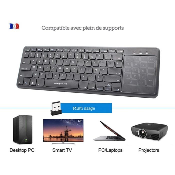 Ovegna T2 : Clavier Souris Touchpad (AZERTY) sans fil 2.4Ghz, Mince, Pavé tactile et pavé numérique, Revêtement plastique ABS