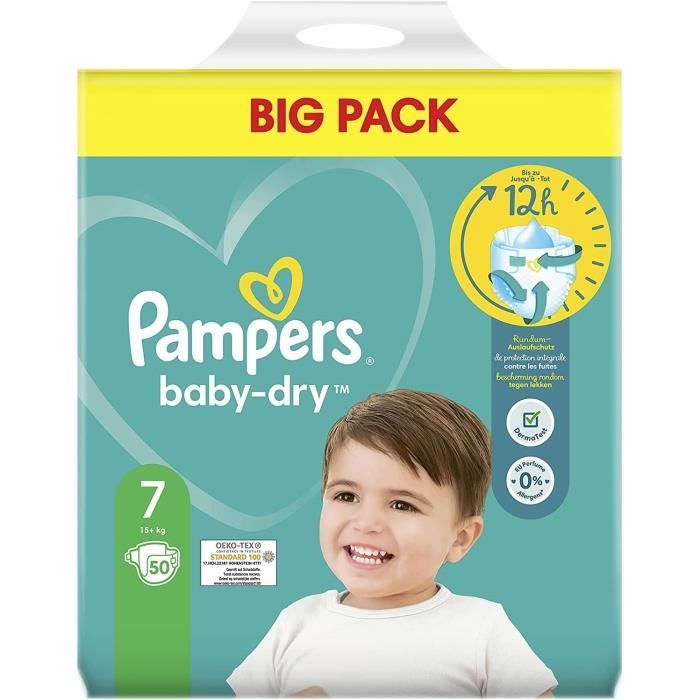 Pampers Baby-Dry Taille 7 50 Couches, Jusqu’À 12 h De Protection Intégrale Contre Les Fuites, 15kg et plus +