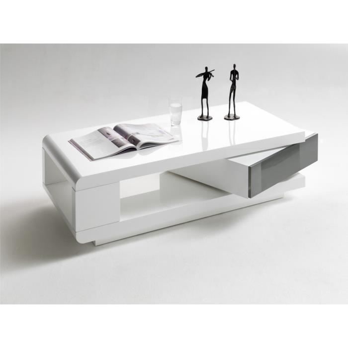 Table basse pivotant coloris Blanc laque brillant et Gris - L120 x H36 x P60 cm