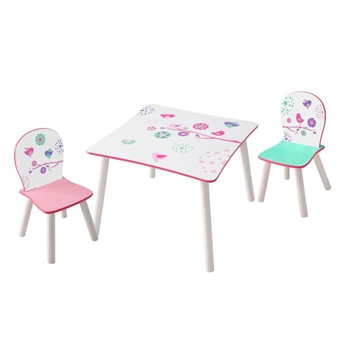 Ensemble table et 2 chaises enfants en bois coloris blanc motif fleurs