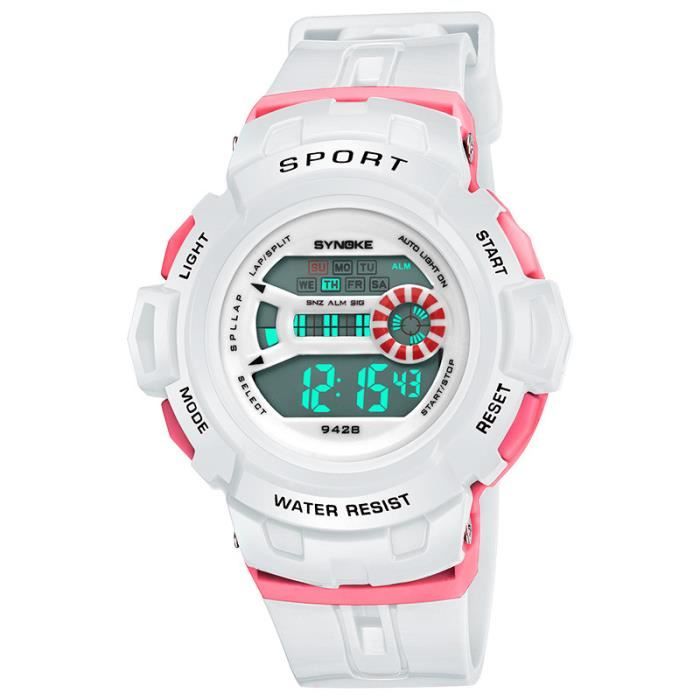 Montre enfant fille numérique LED sports réveil calendrier multifonction chronographe bracelet en silicone sports étudiant blanche