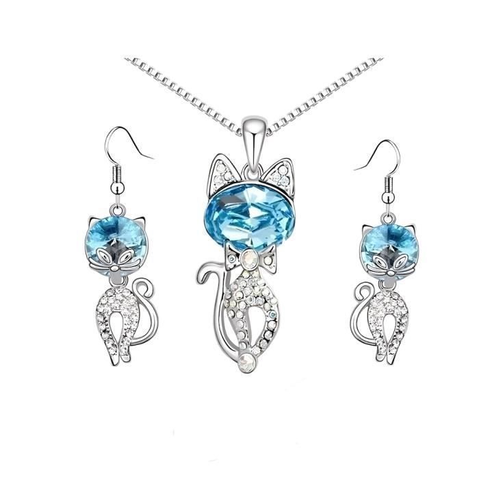 Parure Bijoux Chat Cristal Swarovski Elements Turquoise Plaqué Or Blanc 750