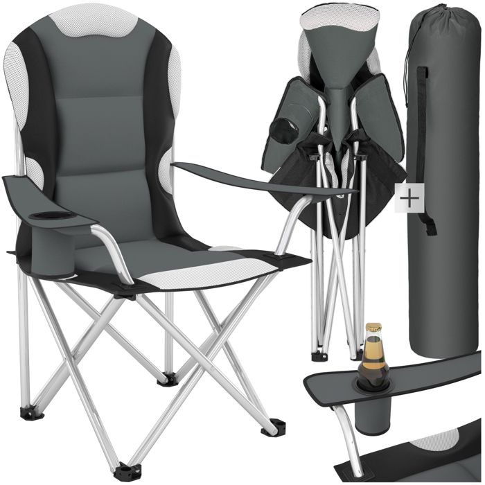 TECTAKE 1 Chaise Pliante de Plage de Camping avec Porte Boisson + Sac de transport Gris Noir
