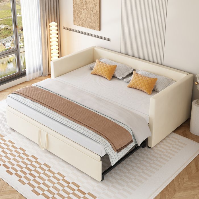 Lit rembourré convertible 90/180 * 200 cm avec sommiers à lattes lit multifonction en tissu velours beige