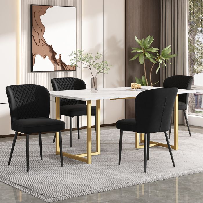 ensemble table et 4 chaises - table avec pieds doré - chaise rembourrée en tissu velours - style scandinave - doré & noirs