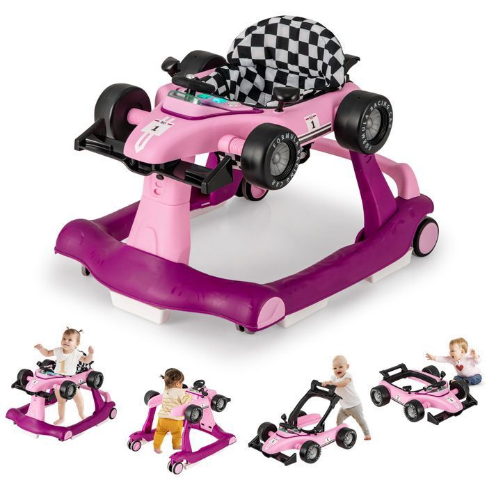 DREAMADE Trotteur Bébé Evolutif 4 en 1 Pliable avec Hauteur Réglable Musique Lumière Forme de Voiture pour 6-18 Mois Violet