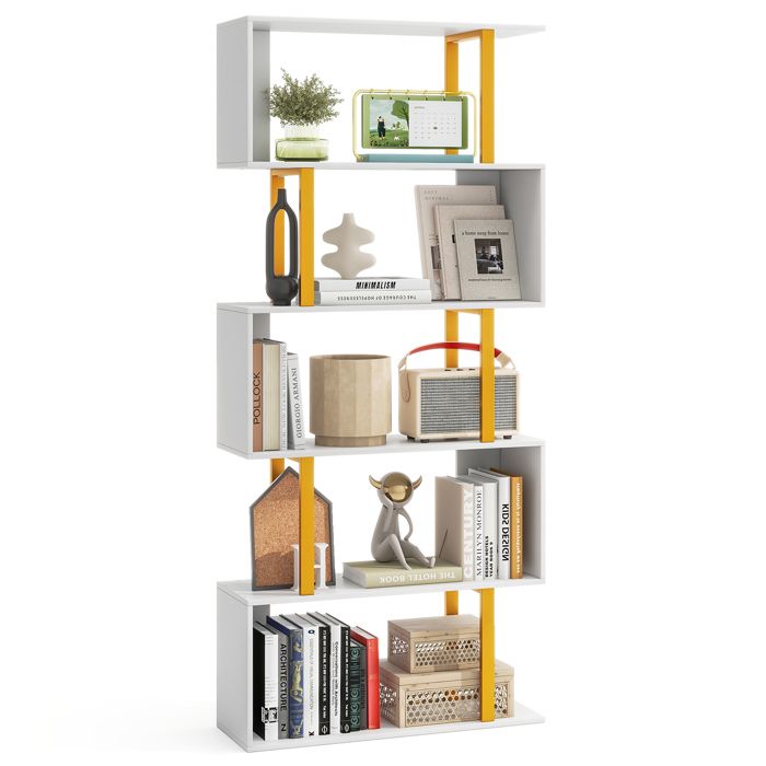 COSTWAY Bibliothèque Géométrique 157 cm à 5 Niveaux Cadre en Métal Etagère de Rangement Autoportante Kits Anti-basculement