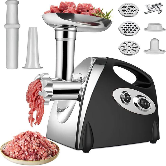 Hachoir électrique 2800W avec accessoire Kubbe tube pour farcir les saucisses et 3 plaques de coupe différentes pour la cuisine - Prumya