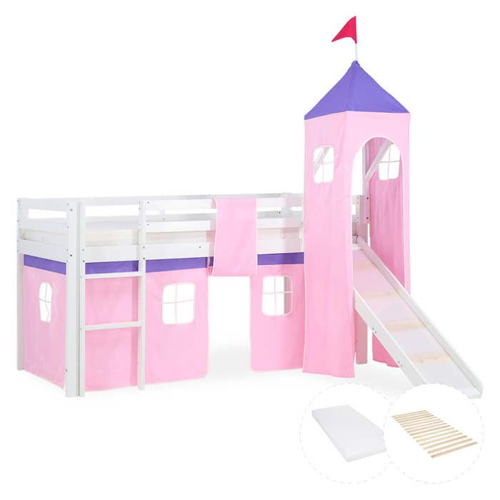 Lit mezzanine pour enfants 90 x 200 cm blanc avec rideau rose Toboggan Tour Avec sommier à lattes Lit mezzanine pour enfants 90 x 200 cm blanc avec rideau rose Toboggan Tour Avec sommier à lattes