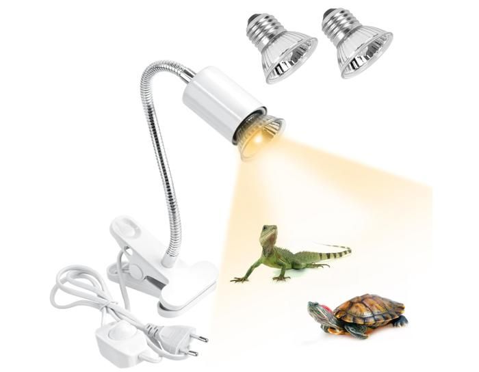 Lampe Chauffante Tortue avec 2 Ampoules(50W UVA/UVB lampe) et Thermomètre E27 Douille Ampoule Pince Pivotante à Réglable(Blanc)