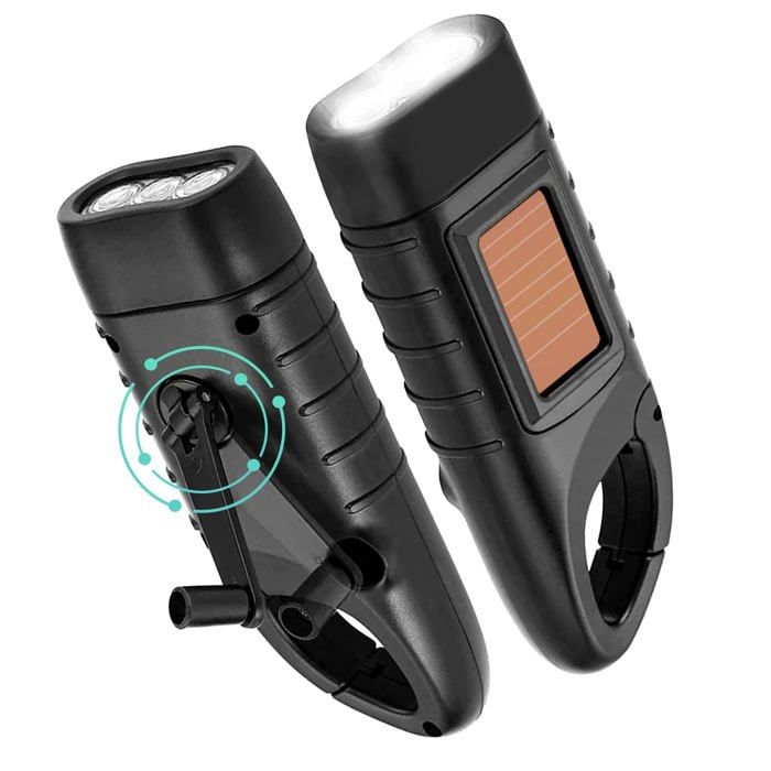 Lot de 2 torches à manivelle rechargeables solaire AIMOONSA – 3 LED étanches compactes avec clip