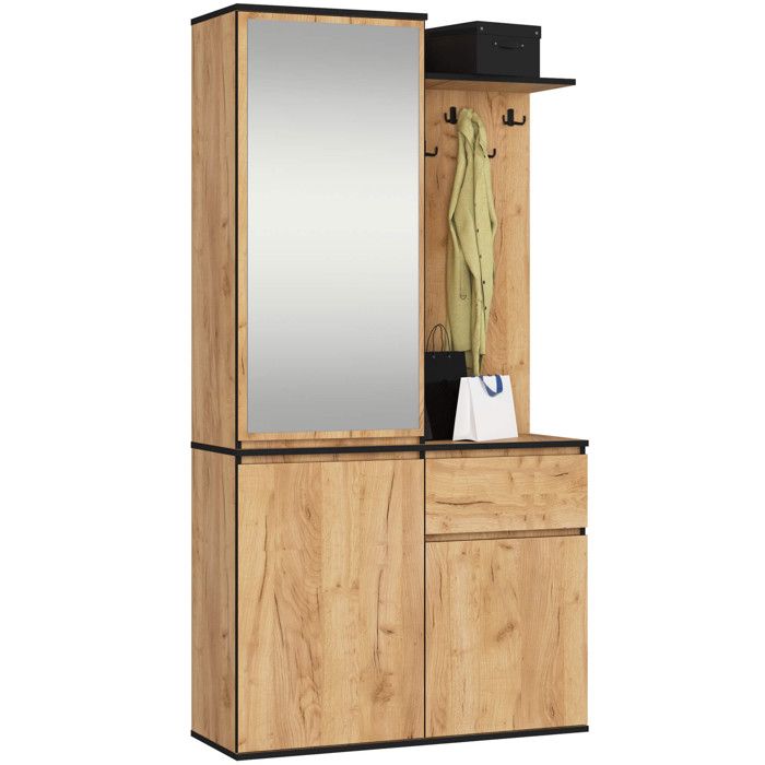 Ensemble de meubles dentrée ENTRO Chêne Craft avec armoire et miroir 95 cm 3 portes 1 tiroir 7 étagères 95x35x183 cm Ensemble de meubles dentrée ENTRO Chêne Craft avec armoire et miroir 95 cm 3 portes 1 tiroir 7 étagères 95x35x183 cm