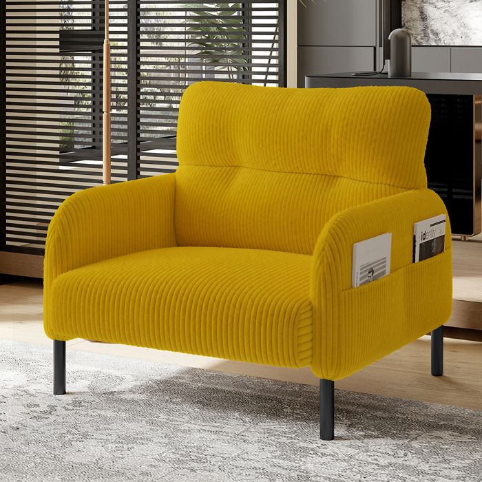 Fauteuil velours Confortable Jaune avec accoudoirs à poches pour le salon chambre Fauteuil velours Confortable Jaune avec accoudoirs à poches pour le salon chambre