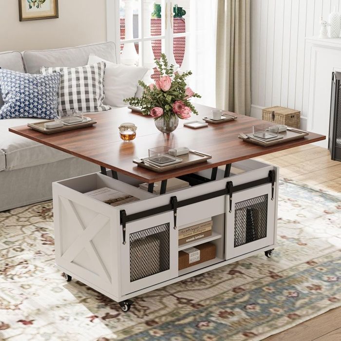 Table Basse Relevable Multifonctionnelle - VOWNER-Convertible 3 en 1 - Style ferme - Noyer - 8 sièges - Ressort à gaz renforcé