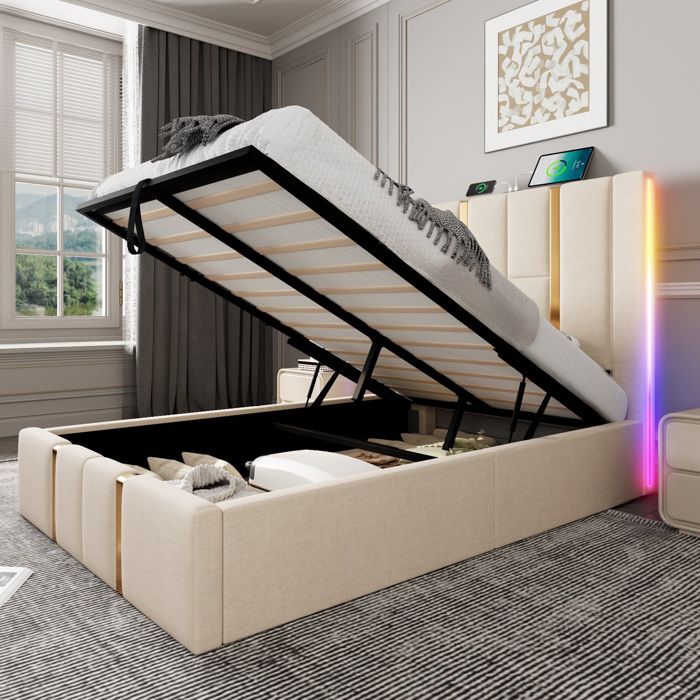 Lit Coffre 90 x 200 à LED Lit Hydraulique avec Rangement en Tête de Lit Capitonné lit 1 Personnes avec Lattes en Bois Lin
