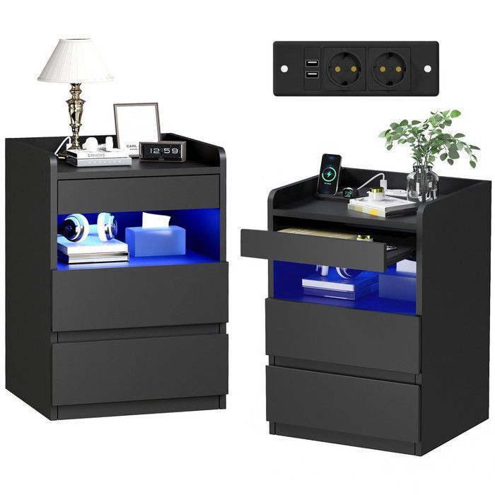 Lot de 2 Tables de Chevet avec 2 Prises et Port USB LED Réglable 2 Tiroirs de Rangement 1 Plateau Noir