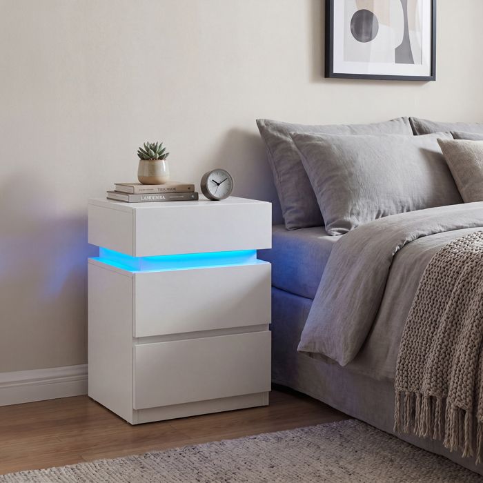 VASAGLE Table de Chevet avec Bande LED Multicolore Réglable 3 Tiroirs Table d’Appoint 35 x 40 x 55 cm Blanc Nuage