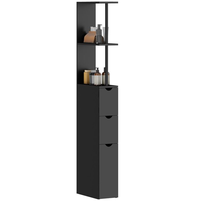 Meuble colonne salle de bain - HOMCOM - avec tiroirs étagères ouvertes placard - 15 x 33 x 136 8 cm - en bois - noir Meuble colonne salle de bain - HOMCOM - avec tiroirs étagères ouvertes placard - 15 x 33 x 136 8 cm - en bois - noir