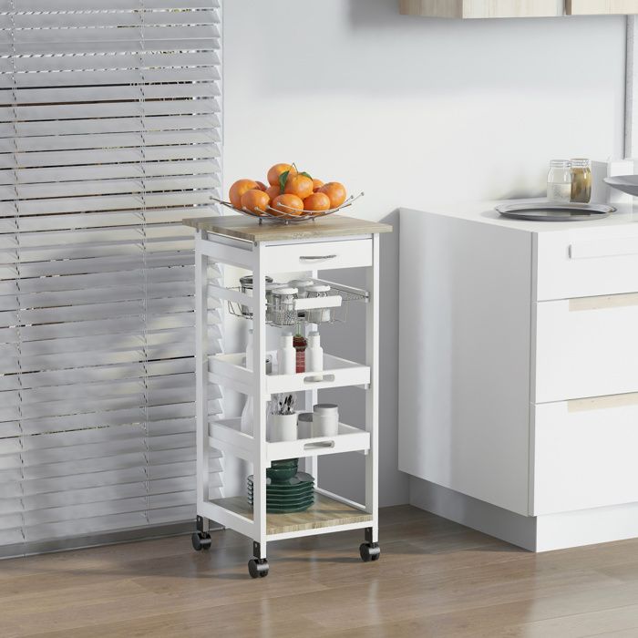 Chariot de service desserte de cuisine à roulettes panier + 2 plateaux amovibles tiroir étagère MDF chêne clair bois pin blanc