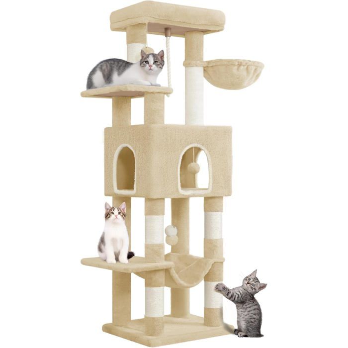 Meilleurs prix pour Arbre à Chat Hauteur 149 cm Tour de Jeux pour Chats Griffoir avec Grandes Plateformes 5 Poteaux à Griffer 3 Pompons Beige