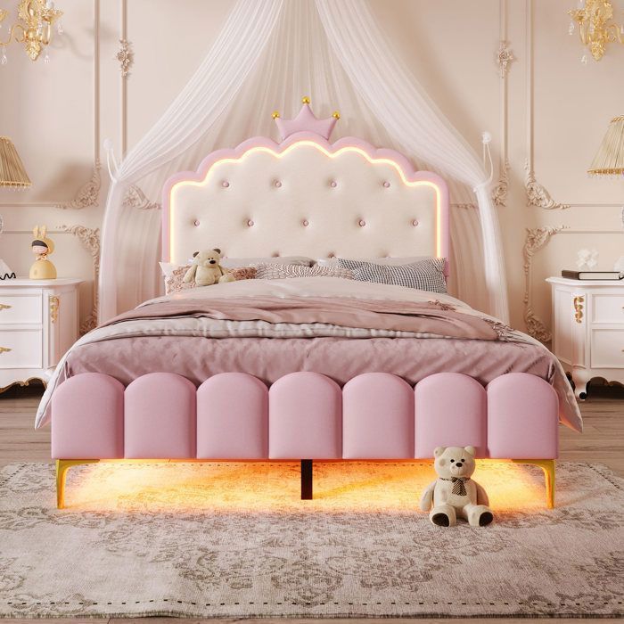 Lit Rembourré 140x200 cm - Lit femmes simple avec LED et Sommier à Lattes - avec Tête de Lit Style Princesse PU Rose