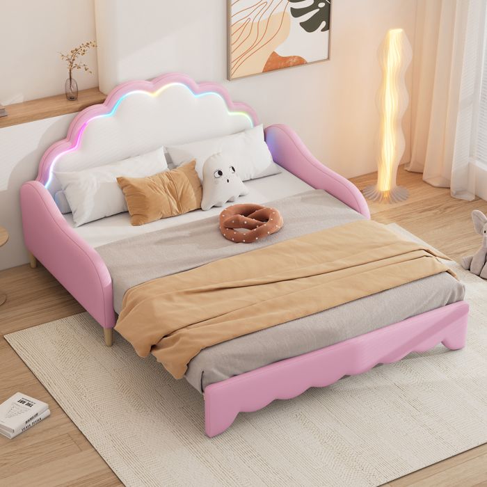 Canapé-lit convertible 140x200 avec tête de lit LED PU/MDF rose — sans matelas