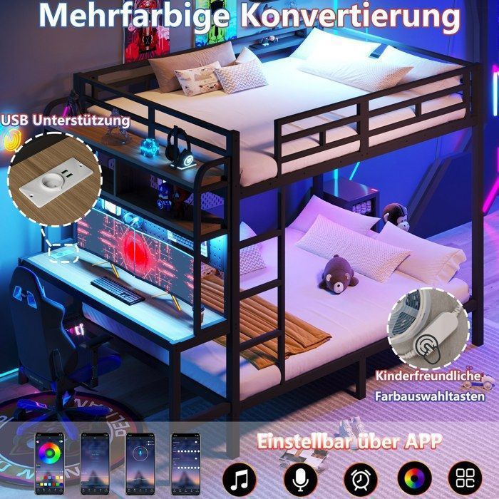 Lit superposé 140x200cm avec bureau et bande LED Lit enfant avec compartiment de rangement port USB cadre fer Noir