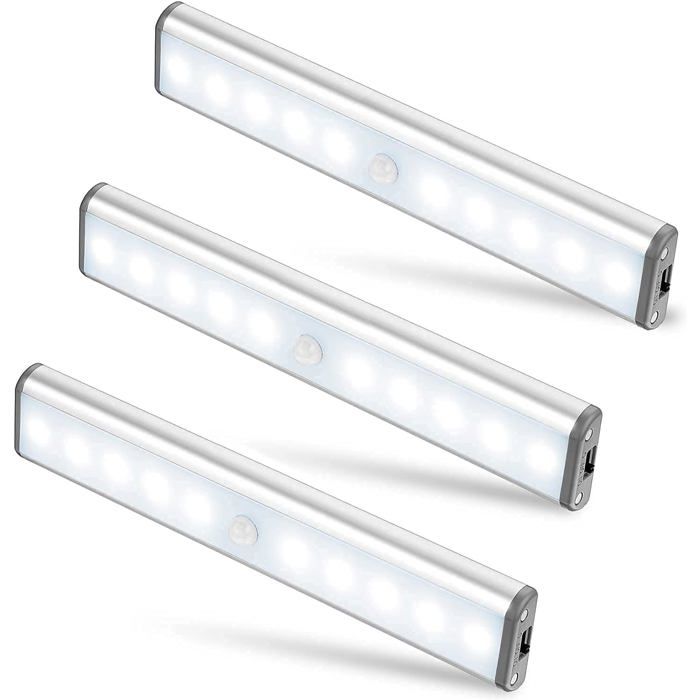 Lampe LED sans fil rechargeable-Lot de 3 lampes LED sans fil rechargeable USB détecteur de mouvement 2 modes 10 LED