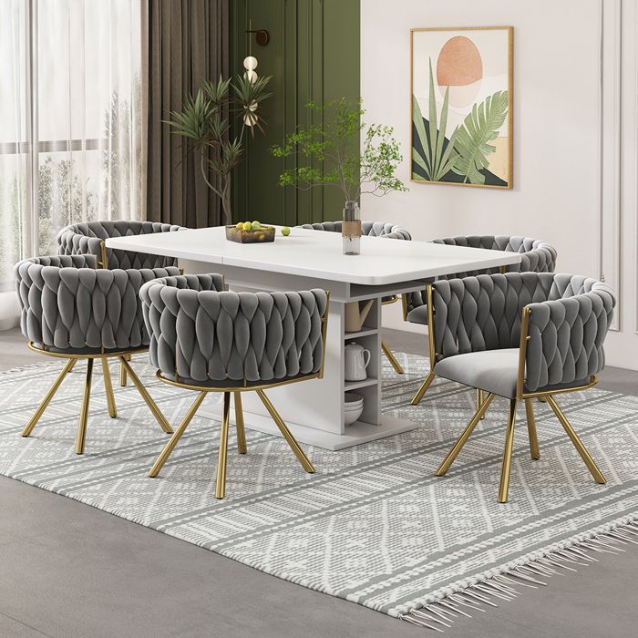 Chaises pivotantes lot de 6 - Chaises de salle à manger avec accoudoirs - Pieds métal - Structure doré - Tissu velours - Gris