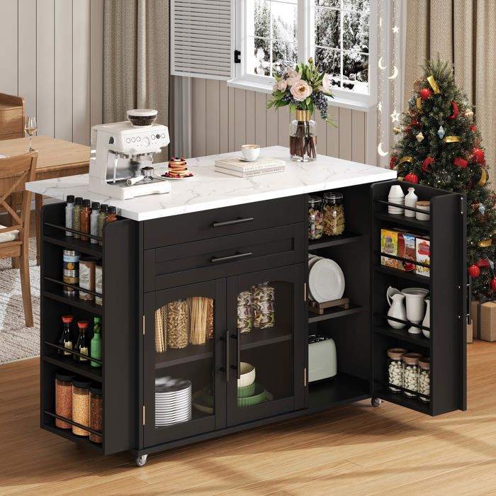 Îlot de Cuisine Mobile - avec Table Rabattable Portes Vitrées 2 Tiroirs et Étagères – 120 x 45 (70) x 90 cm - Noir Îlot de Cuisine Mobile - avec Table Rabattable Portes Vitrées 2 Tiroirs et Étagères – 120 x 45 (70) x 90 cm - Noir